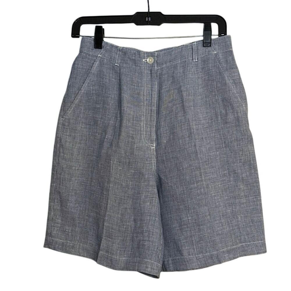 Vintage Talbots 100% Irish Linen Bermuda Shorts Micro Check Size 8 Blue White